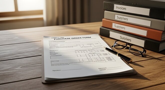 Purchase order form on a wooden desk with binders and eyeglasses