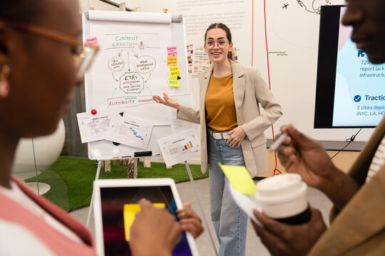 Team discussing content creation strategies in office