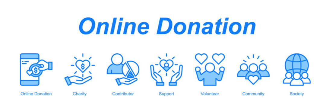 Online Donation web banner icon concept for with icon of Online Donation, Charity, Contributor, Support, Volunteer, Community, Society.