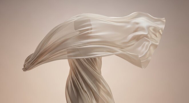 Glossy beige silk fabric flowing dynamically against soft neutral background