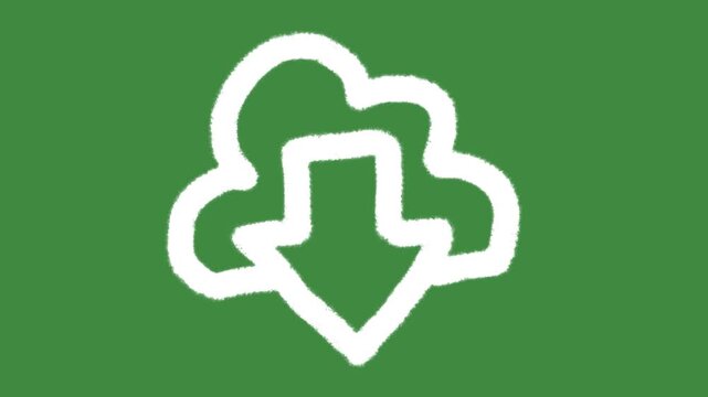 White cloud download cartoon graphic with chalk outline cloud computing data icon isolated on green screen background for data recovery and server download element concept.