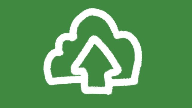White cloud upload cartoon graphic with chalk outline cloud computing data icon isolated on green screen background for data backup and server element concept.
