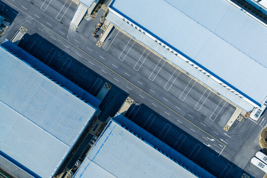 Aerial view of warehouse roofs