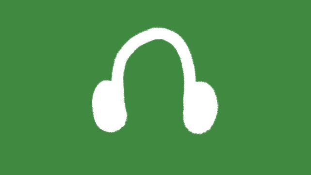 White audio headphones cartoon graphic with chalk outline earphones icon isolated on green screen background for sound listening symbol and podcast element concept.