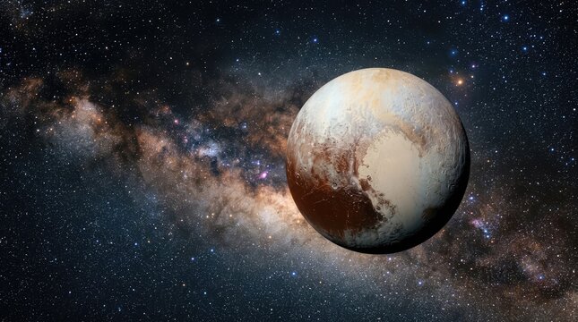 Close Up View of Pluto Planet with Background Showcasing Distant Dwarf World Cosmic Exploration and Astronomy Concept