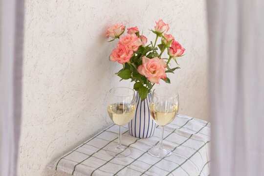 View on the balcony with two glasses of wine