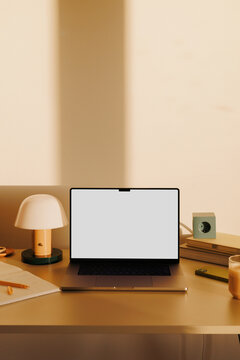 Laptop mockup with blank screen on home desk