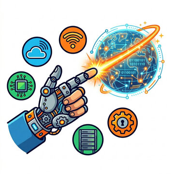 
Machine Learning AI Hand Laser Pointer With Holographic Globe And Edge Computing Icons Flat Vector Design