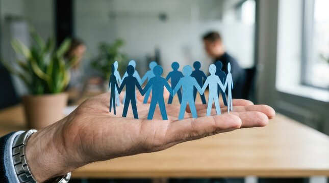 A hand holding a group of paper people in a circle, representing unity and support in a business environment. The background shows a modern office setting with blurred figures.