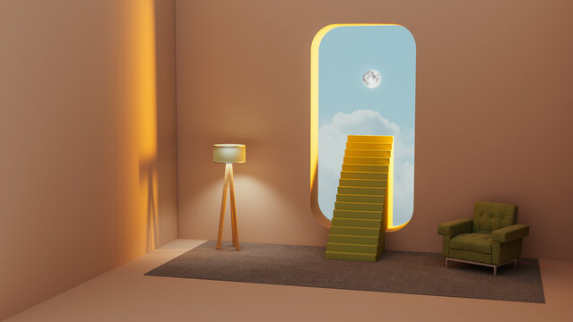 Stairs lead to the moon from a minimalist interior with a window