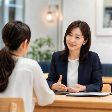 オフィスで対面して笑顔で面談をするビジネスウーマン