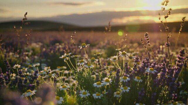Close up of blooming lavender and chamomile flowers in a field at sunset meadow