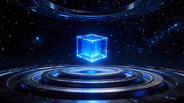 Floating glowing cube in futuristic space