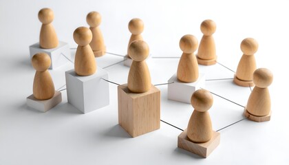 Obraz premium Wooden figures stand on blocks, connected by lines. Each figure represents a unique role or idea