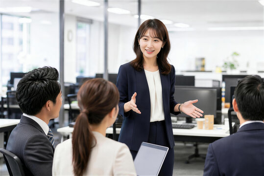オフィスでチームメンバーに向かって笑顔で説明をする女性リーダー