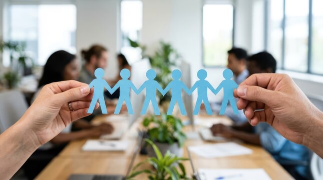 A pair of hands holds a chain of paper people in the foreground, symbolizing unity and togetherness, while in the blurred background.