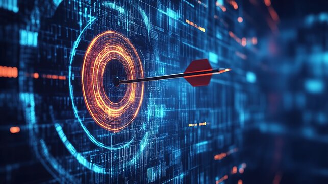 Arrow hitting archery target bullseye symbolizing precision success in business strategy marketing AI technology, dark blue data analysis digital background, futuristic sharp high resolution tech desi