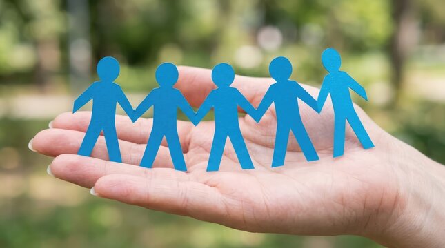 A hand gently holding five blue paper figures linked together, symbolizing unity and support