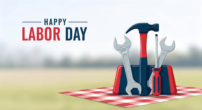 Happy labor day celebration with tools on picnic blanket
