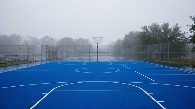 Empty blue basketball court on foggy day