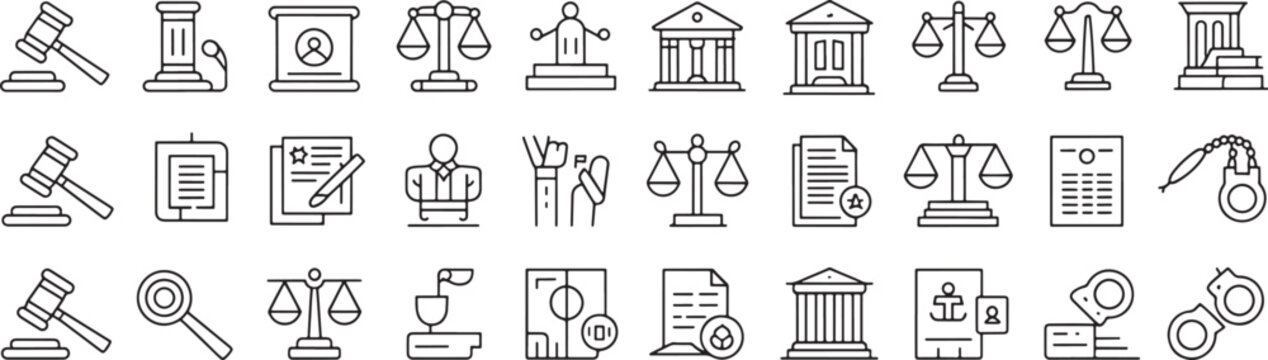 Gavel and Courthouse Legal Icons Set with Scales, Law Documents, and Justice Symbols for Vector Illustrations