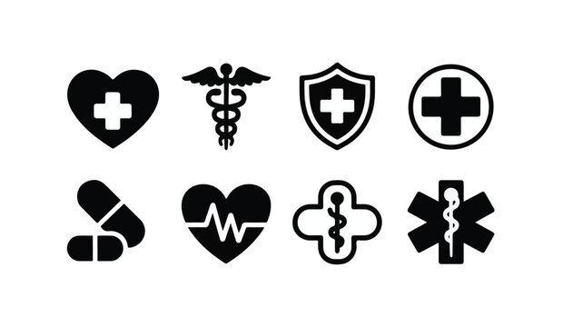 Medical symbols including heart pulse caduceus cross and star of life.