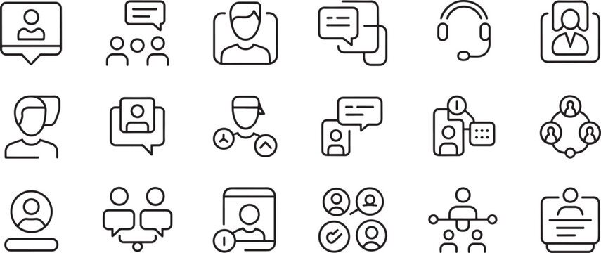 Customer Support Icons Set with Headset, Chat Bubbles, User Profiles, and Call Center Communication Symbols in Outline Style