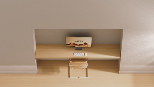 Minimalist work studio with desk and computer shows simple design
