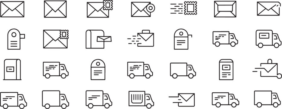 Envelope and Mail Delivery Icons Set with Line Art, Stamps, Barcodes, and Truck Shipping Symbols Featuring Postage, Stamp, Barcode with Address And