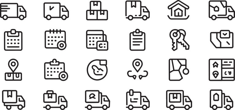 Delivery and Logistics Icons Set with Trucks, Calendar, Documents, Location Pins, Home, Keys, and Routes in Outline Style