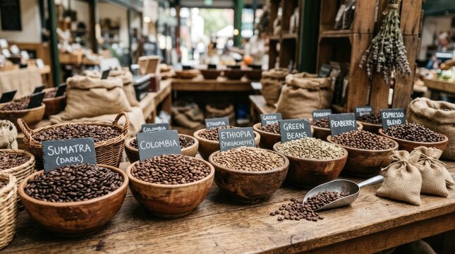 An assortment of coffee beans displayed in wooden bowls at a market stall. Each bowl is labeled with the origin of the beans, showcasing a variety of roasts and origins.