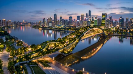 Fototapeta premium Guangzhou Skyline and Ruyi Bridge at Twilight
