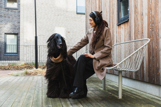 Elegant woman with headphones sitting with her black Afghan Hound dog