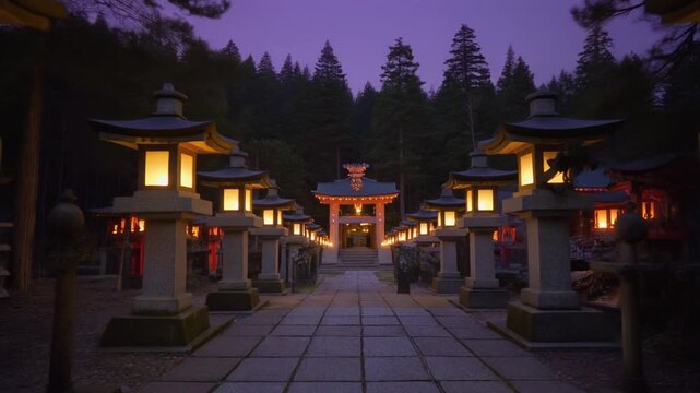 Cinematic Slow Forward Drift Along Stone Lantern Lined Shrine Approach Path at Dusk with Glowing Lanterns Background Loop