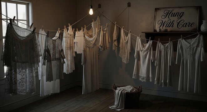 Vintage white lace dresses hanging on indoor clotheslines