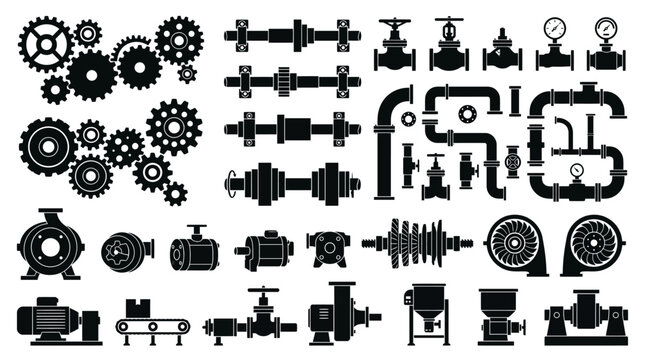 Mechanical Engineering Silhouette Icons Set, Gear Elements, Industrial Pipe Valves, and Engine Pump Black Vector