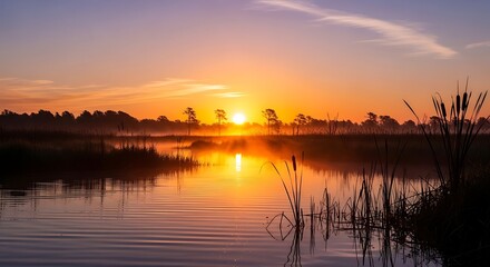 Obraz premium Sunrise over a misty marsh with silhouettes of reeds and trees