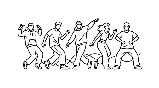 Group of urban dancers in a synchronized dance routine.