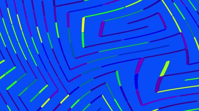 Abstract 3D geometric animation of colorful neon maze lines shifting on blue background for modern motion graphics.