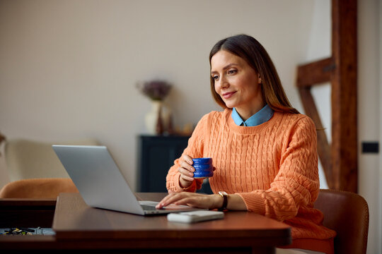 Pleased woman focused on remote work