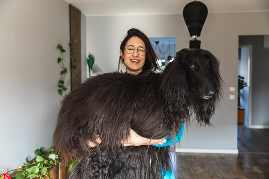 Smiling woman playfully holding her large, fluffy black Afghan Hound