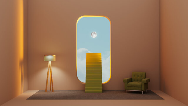 Stairs lead to the moon from a minimalist interior with a window