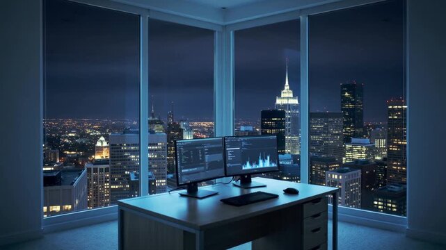 Modern office workspace with dual computer monitors and cityscape night view desk