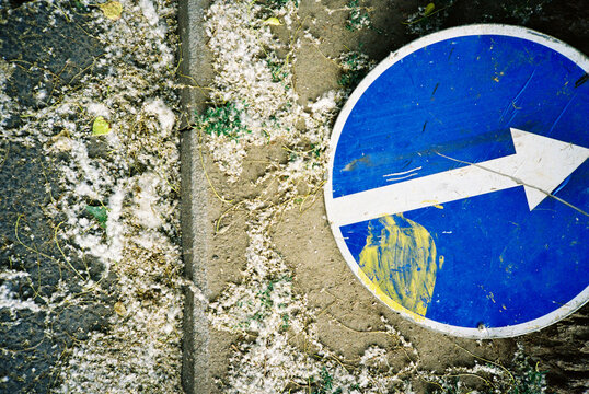 Film Photo of Fallen Blue Road Sign with Arrow on Pavement