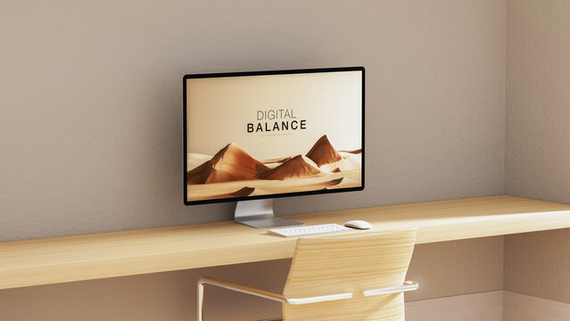 Minimalist work studio with desk and computer shows simple desig
