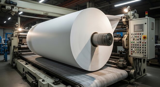 Large white paper roll on industrial printing machine in factory