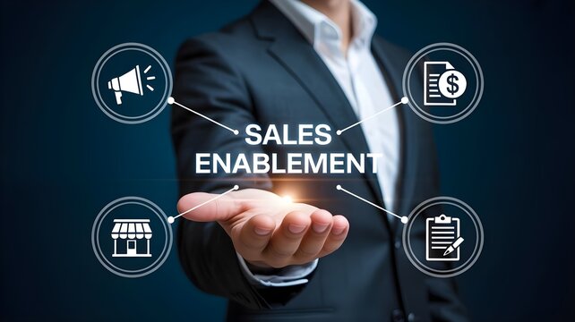 Businessman presenting sales enablement concept with icons