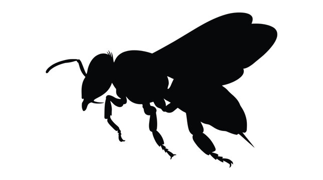 Detailed black silhouette of a flying honey bee isolated on a plain white background showing sharp wings and antennae in a flat vector graphic style