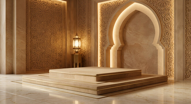 Luxury Islamic Arch Podium Display Background with Ornate Arabic Architecture and Warm Ambient Lighting