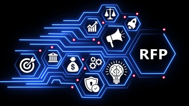 Request for proposal rfp concept with futuristic neon icons.